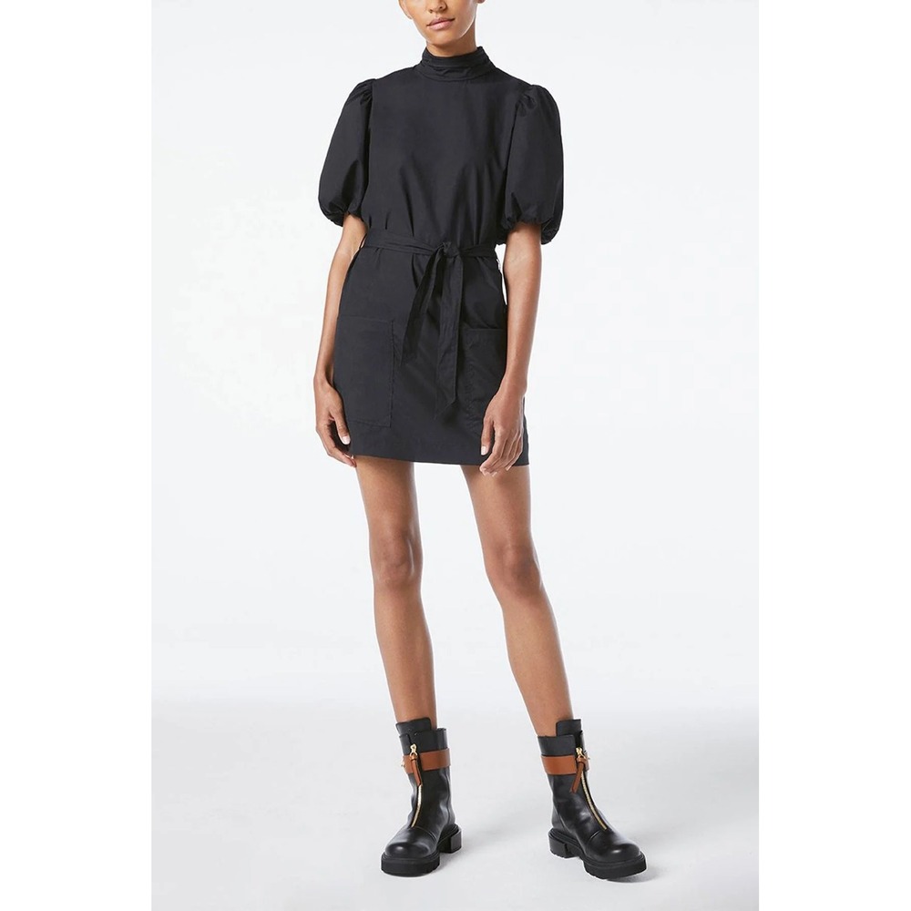 Frame Margot Dress Black Noir High Neck Puff Sleeve Cotton Mini